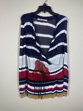 Desigual Women's Stripe LS Blouse Floral Deep-V Medium Semi-Sheer!